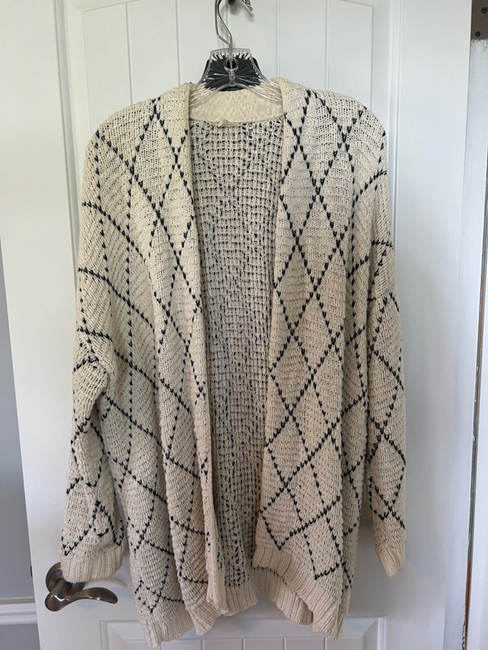 Eileen Fisher Cream Open-Front Cardigan with Black Diamond Pattern